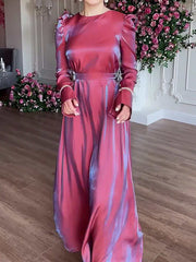 Pleated Solid Color Tied Waist Zipper A-Line Long Sleeves Round-Neck Maxi Dresses