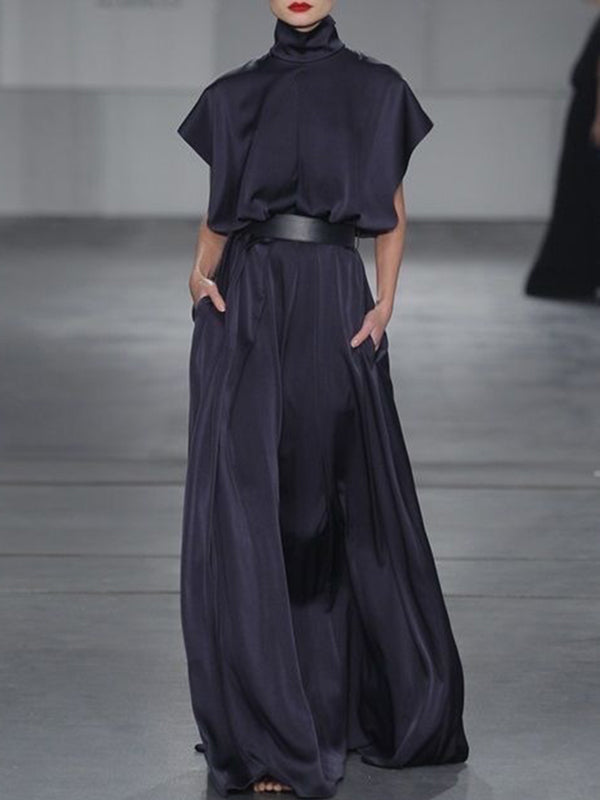 Solid Color Split-Joint Tied Waist Loose Raglan Sleeve High Neck Maxi Dresses