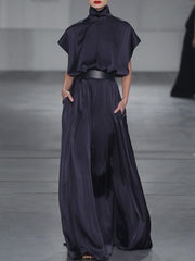 Solid Color Split-Joint Tied Waist Loose Raglan Sleeve High Neck Maxi Dresses