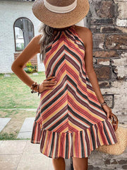 Contrast Color Pleated Split-Joint Striped A-Line Loose Halter-Neck Mini Dresses