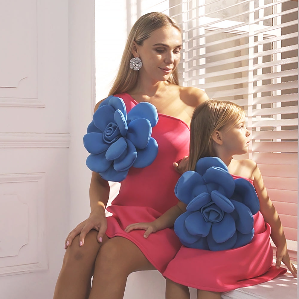 Mommy and Me Color-Block 3D Flower Sleeveless Dress Flaxmaker