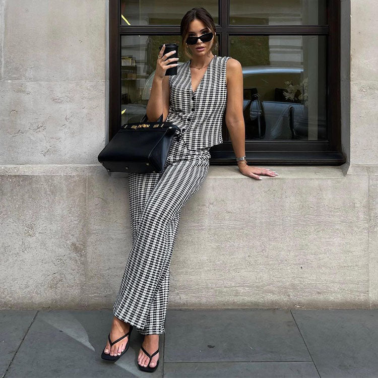 Fashion Plaid Printed Top and Pants Set
