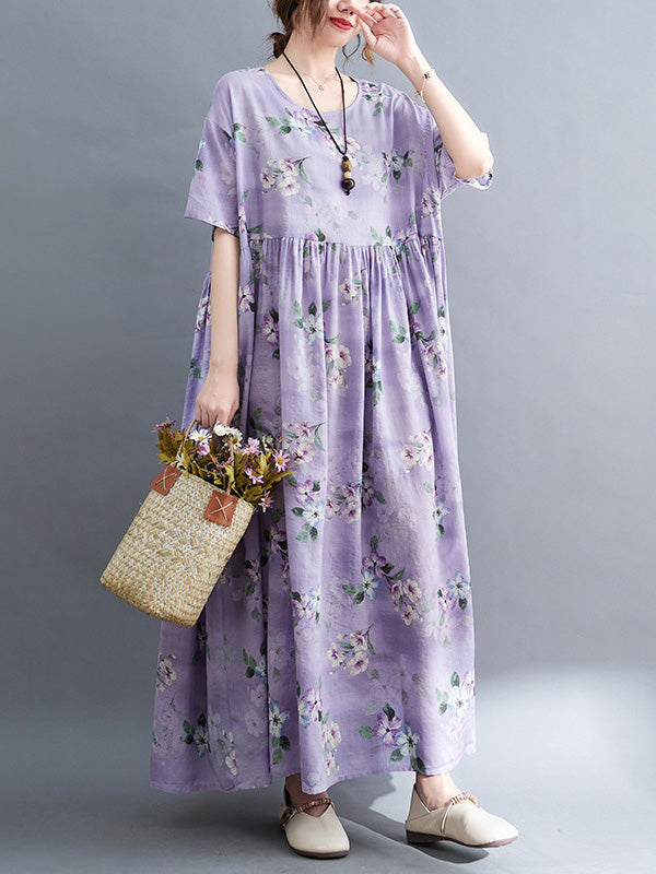 Vacation Short Sleeves Loose Floral Printed Round-Neck Midi Dresses