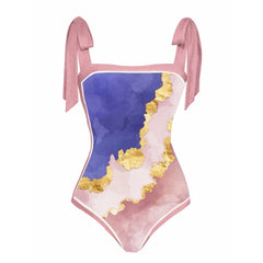 Tie-shoulder Printed One Piece Swimsuit and Sarong Flaxmaker