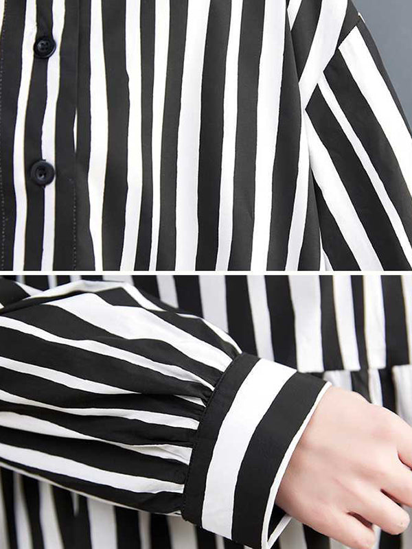 Buttoned Split-Joint Striped Long Sleeves Loose Mock Neck Midi Dresses