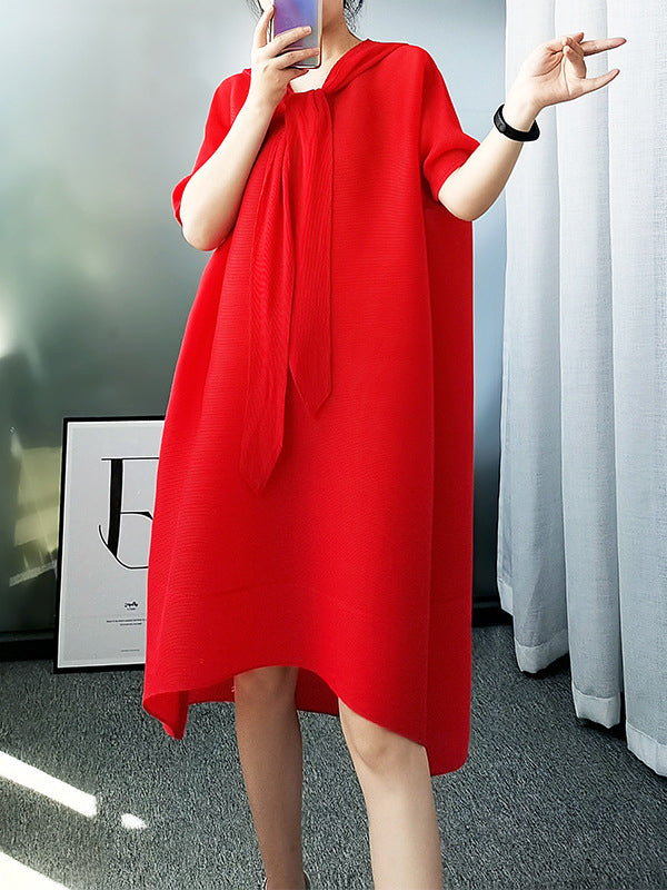 Lace-Up Pleated Batwing Sleeves Loose Hooded Midi Dresses
