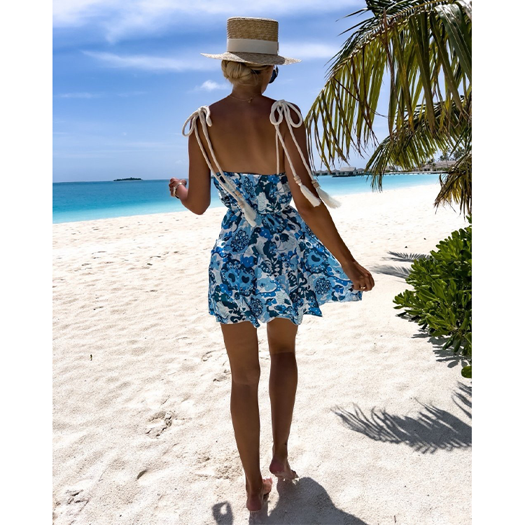 Halter V Neck Blossom Printed Mini Dress