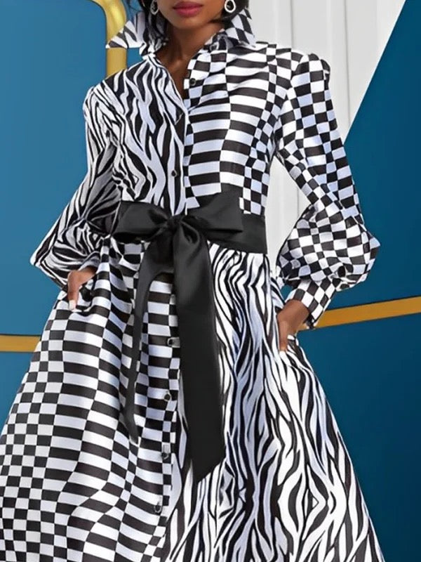 Buttoned Contrast Color Plaid Pockets Tied Waist A-line High Waisted Lapel Midi Dresses