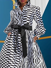 Buttoned Contrast Color Plaid Pockets Tied Waist A-line High Waisted Lapel Midi Dresses