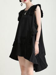 Asymmetric Pleated Solid Color Split-Joint Flying Sleeves Loose Round-Neck Midi Dresses