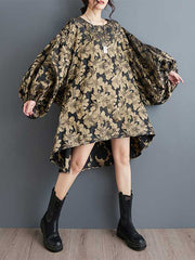 Elasticity Flower Print Jacquard A-Line High-Low Round-Neck Midi Dresses