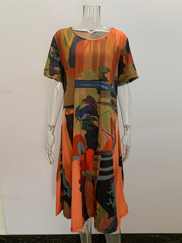 Printed A-Line Loose Round-Neck Midi Dresses