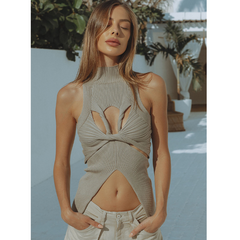 Irregular Stand Collar Cut Out Knit Top