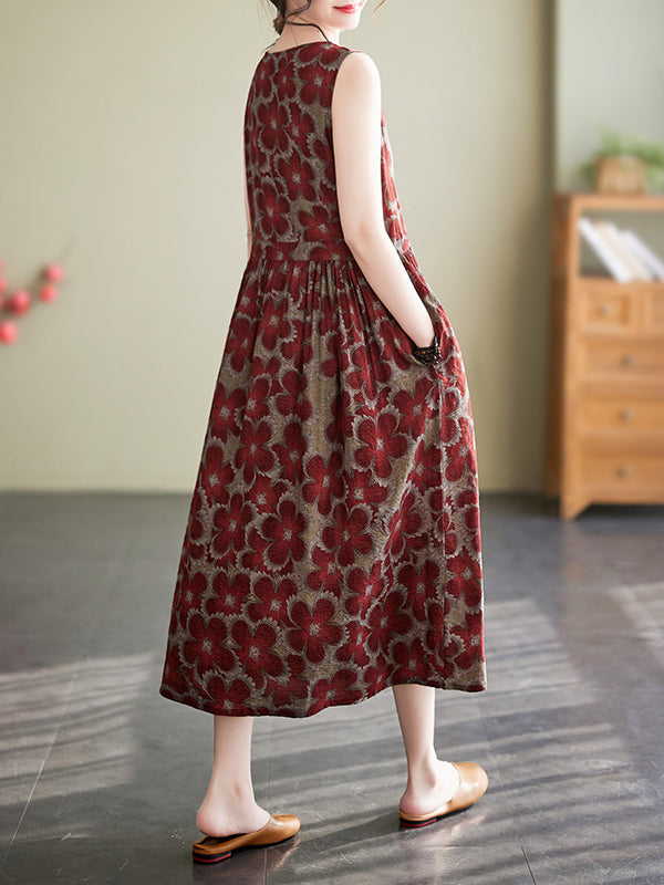 Drawstring Floral Printed Loose Oversize Round-neck Midi Dresses