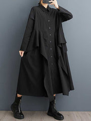 Buttoned Pockets Ruffle Trim Solid Color A-Line Long Sleeves Lapel Midi Dresses