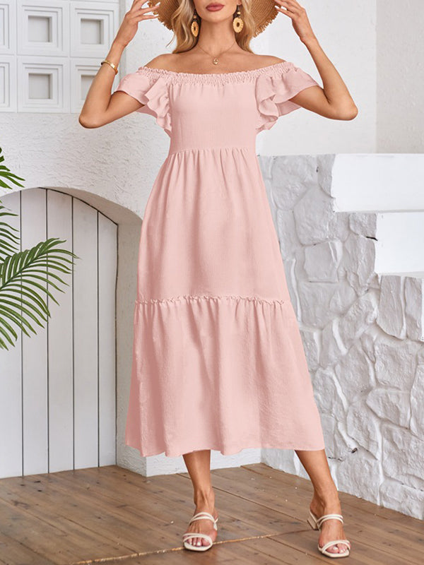 Elasticity Pleated Ruffled Solid Color Split-Joint A-Line Loose Off-The-Shoulder Midi Dresses
