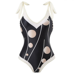 Flaxmaker Adjustable Point Print Deep V One Piece Swimsuit and Sarong