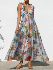 Flower Printed Sleeveless V-Neck Ruffled Elegant Maxi Dresses