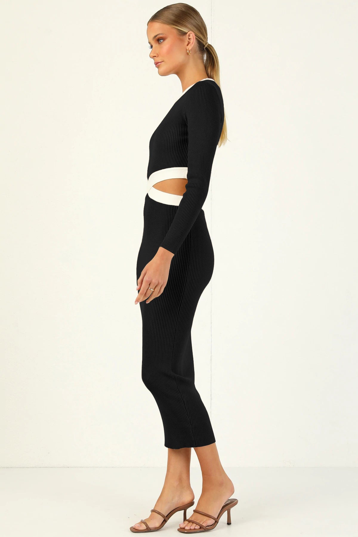 Ribbed Sexy Hollow Out Long Sleeve Sheath Dress
