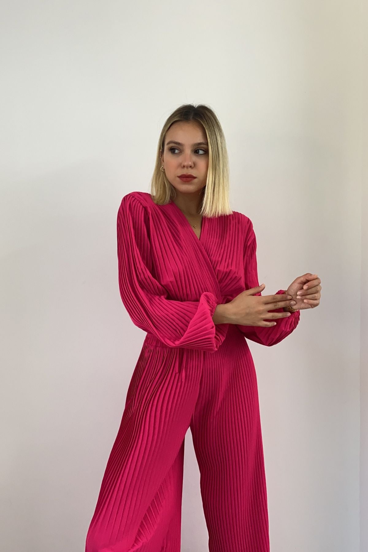 V Neck Puff Sleeve Fold Two Piece Set