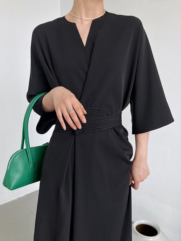 Vintage Loose Half Sleeves Buttoned H-Line Midi Dress