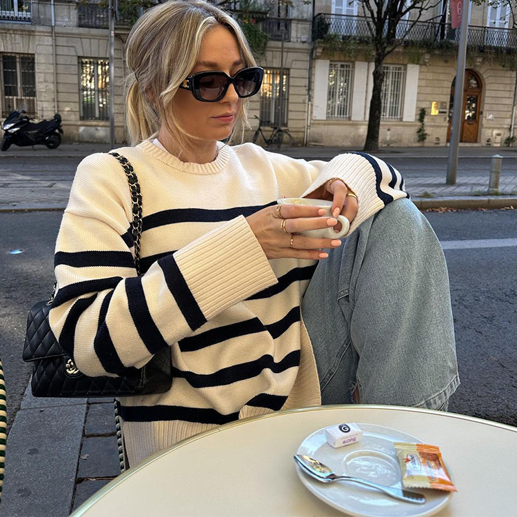 Languid Breeze  Stripes Round Neck Long Sleeve Sweater