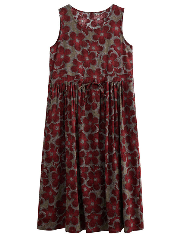 Drawstring Floral Printed Loose Oversize Round-neck Midi Dresses
