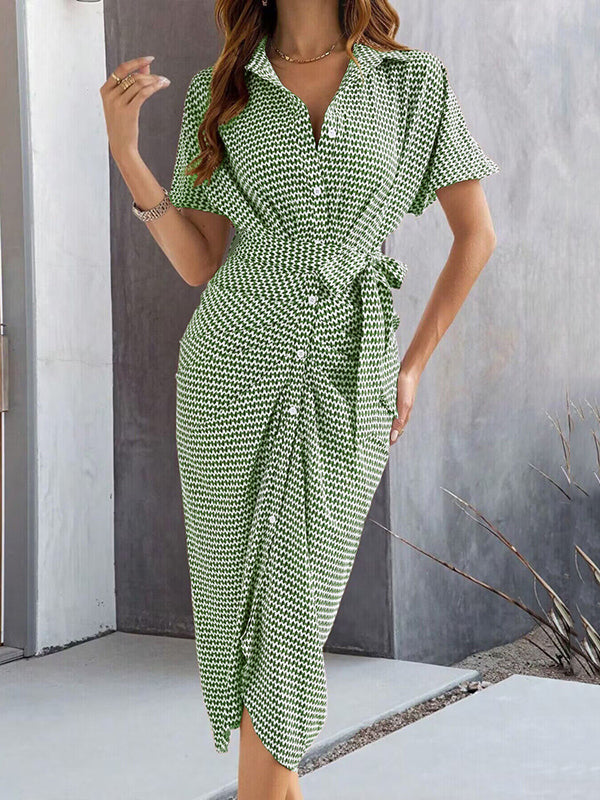 Buttoned Contrast Color Tied Waist Bodycon Half Sleeves Lapel Midi Dresses