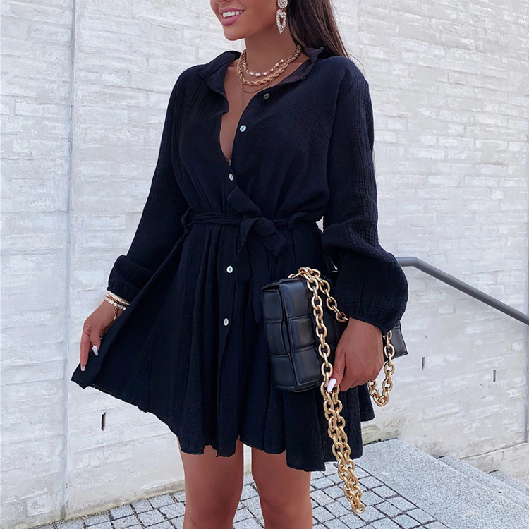 V Neck Long Sleeve Waist Lace Solid Color Mini Dress