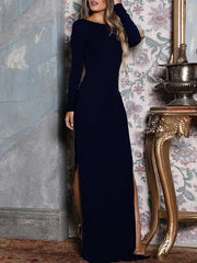 Backless Solid Color Split-Joint Split-Side Bodycon Long Sleeves Round-Neck Maxi Dresses