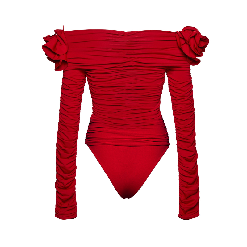 Flaxmaker Red Off Shoulder 3D Flower Long Sleeve One Piece Swimsuit and Skirt