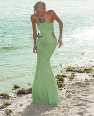 Green Butterfly Applique Halter Sheer Midi Dress