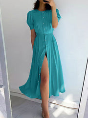 Buttoned High Waisted Loose Round-neck Midi Dresses