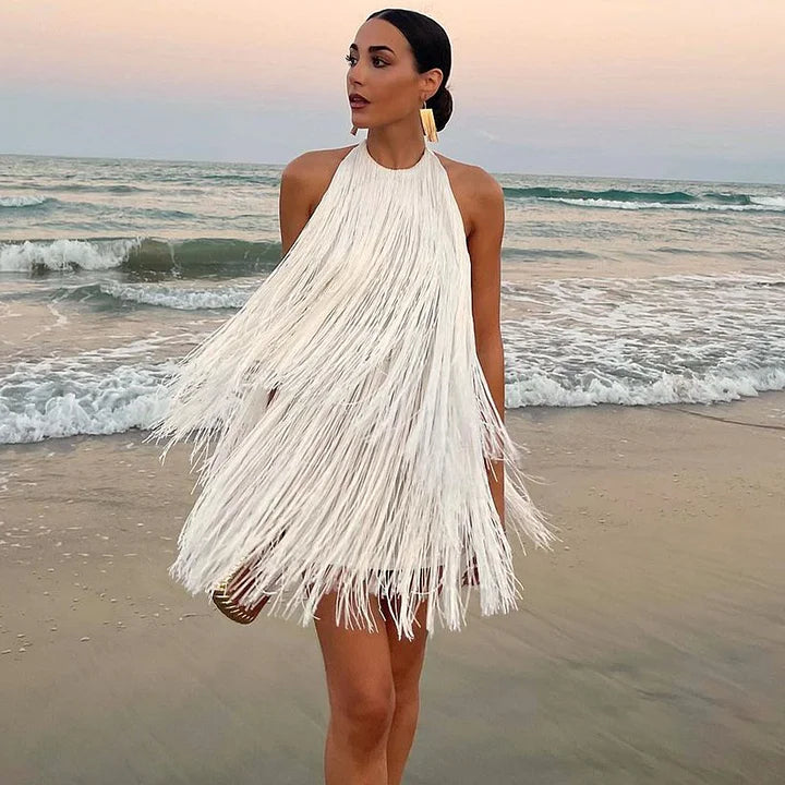 Halter Backless Fringe Mini Dress Flaxmaker