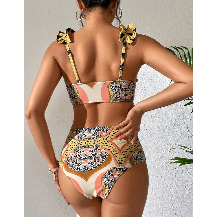 Ruffle Starp Leopard Print High Waist Bikini Swimsuit and Skirt Flaxmaker