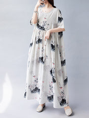 Pleated Printed Split-Joint Loose Short Sleeves Round-neck Midi Dresses