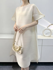 Pleated Loose Round-neck Midi Dresses