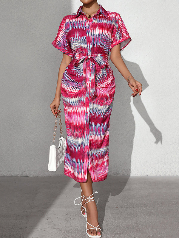 Buttoned Pleated Tied Waist Raglan Sleeve Short Sleeves Lapel Midi Dresses