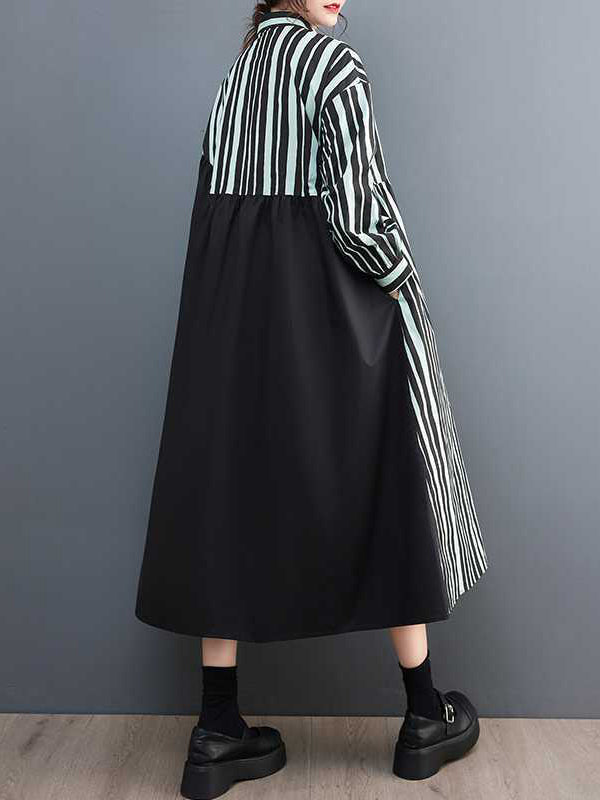 Buttoned Split-Joint Striped Long Sleeves Loose Mock Neck Midi Dresses