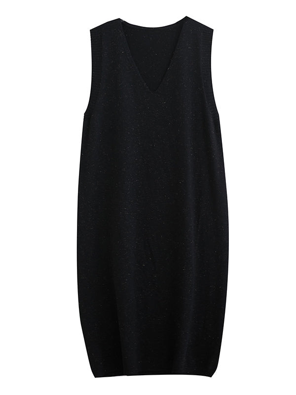 Vintage Solid Color Knitting V-Neck Sleeveless Sweater Dress