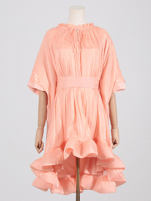 Floral Pleated Split-Joint High-Low Loose Stand Collar Mini Dresses