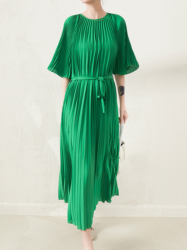 Loose Pleated With Waistband Solid Color Round-Neck Maxi Dresses