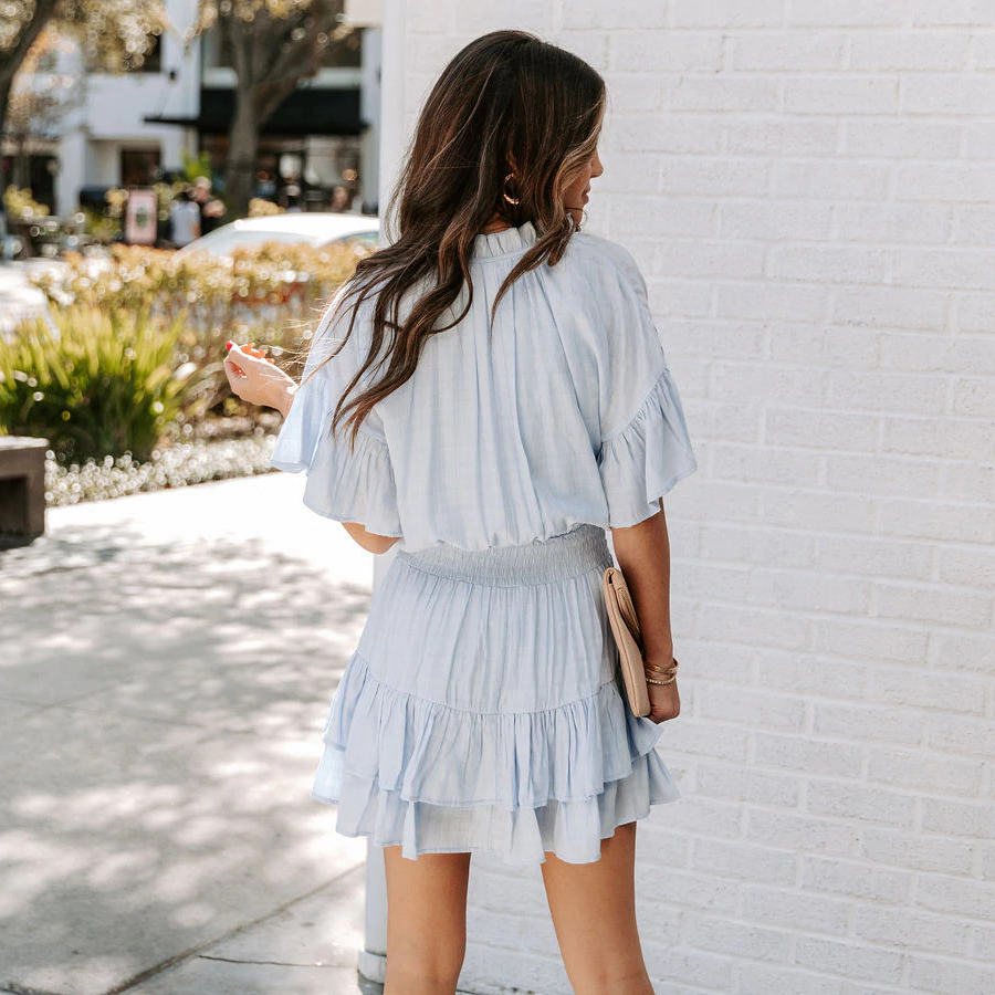 V-neck Ruffled Solid Color Dress