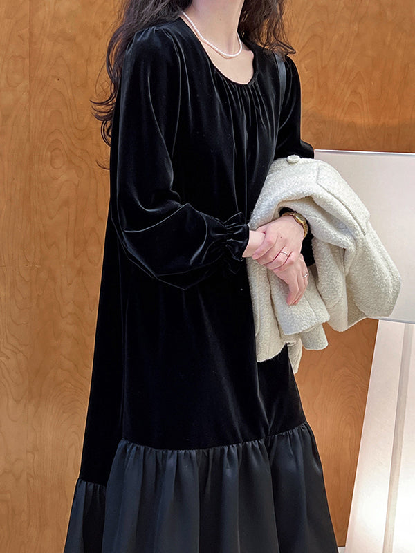 Contrast Color Pleated Ruffled Split-Joint Velvet Flared Sleeves Long Sleeves Round-Neck Midi Dresses