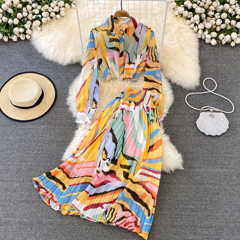 Printed Long Sleeve Shirt and Skirt Two Piece Set Flaxmaker