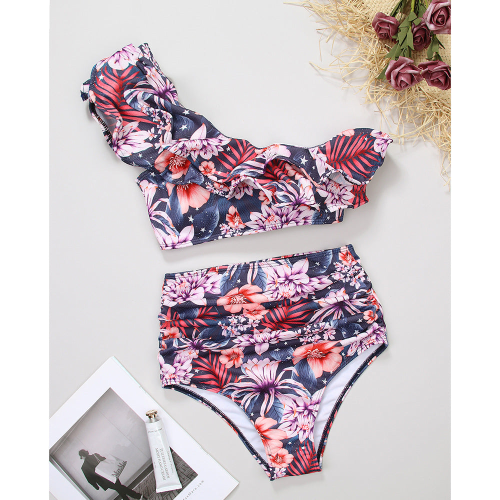 One Shoulder Ruffled White High Waist Bikini Swimsuit Flaxmaker