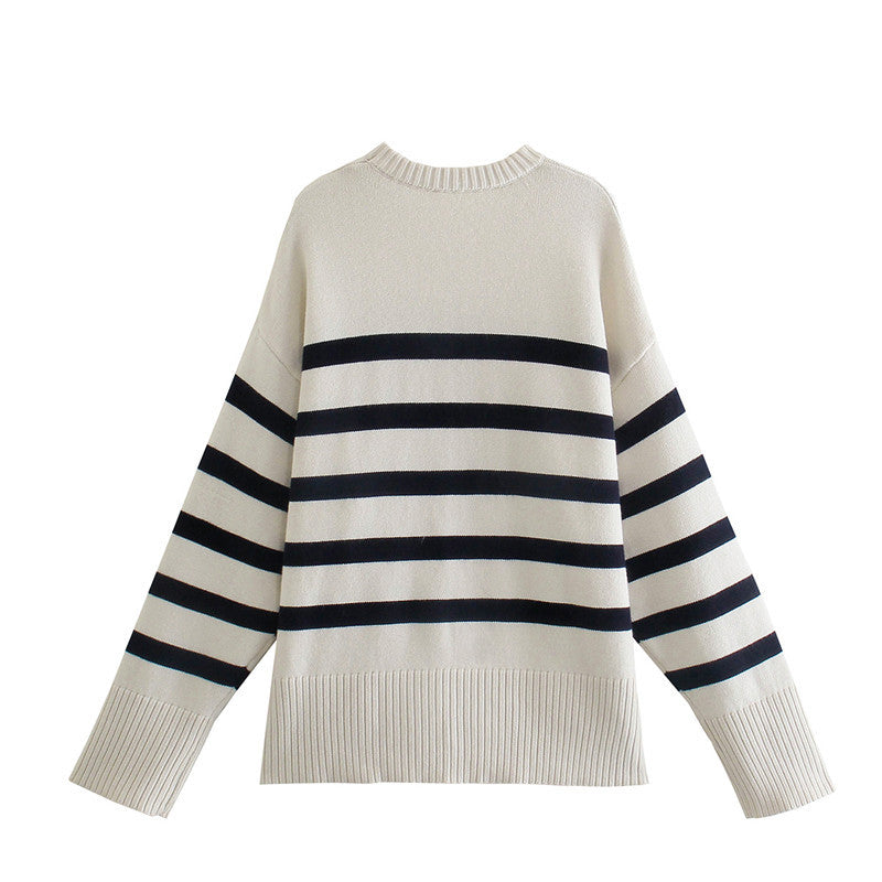 Languid Breeze  Stripes Round Neck Long Sleeve Sweater