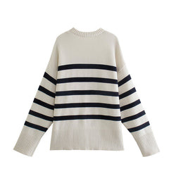 Languid Breeze  Stripes Round Neck Long Sleeve Sweater