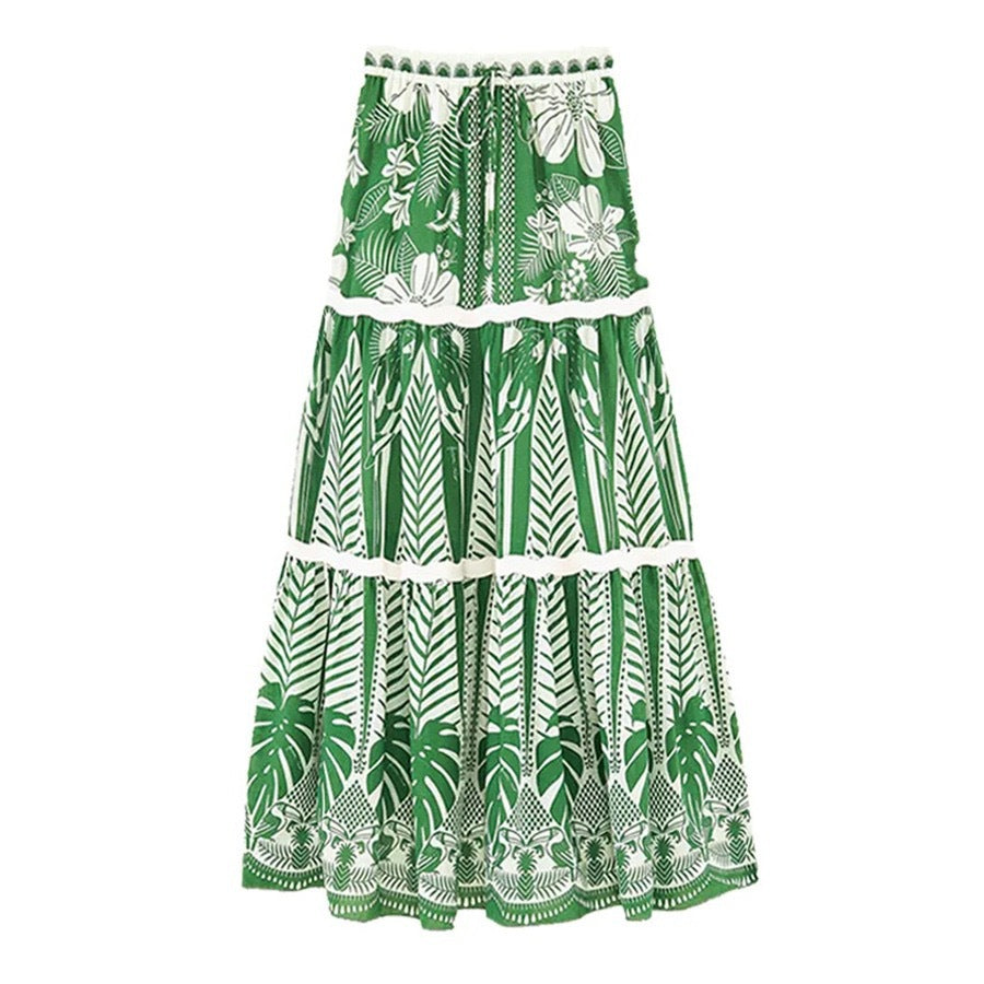 One Shoulder Green Flower Printed One Piece Swimsuit and Skirt