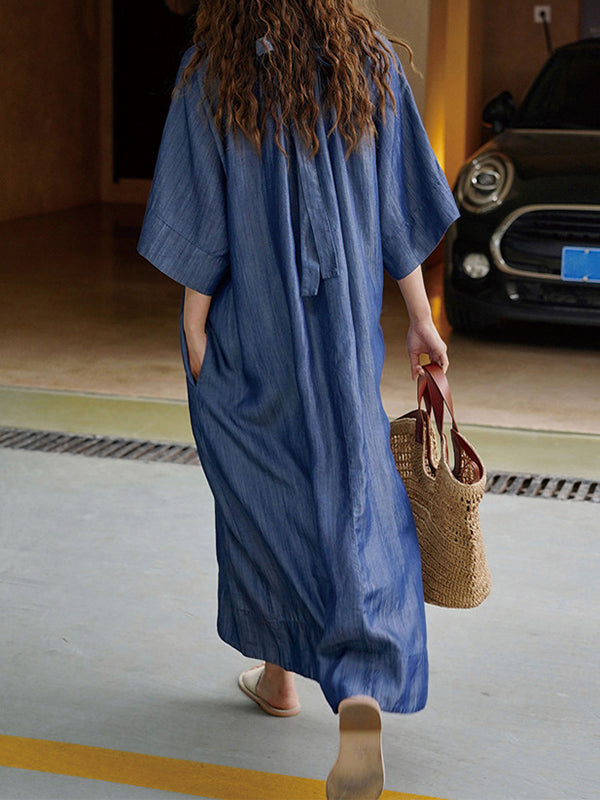 Drawstring Lace-Up Pleated Solid Color Loose Raglan Sleeve Round-Neck Midi Dresses